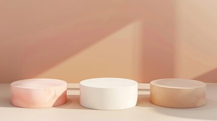 Fototapeta na wymiar Three round pedestals in soft pink and white