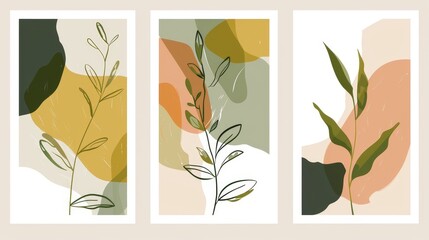Abstract plant art modern design for print, cover, wallpaper, minimal and natural wall decor. Earth tone boho foliage line art drawing.