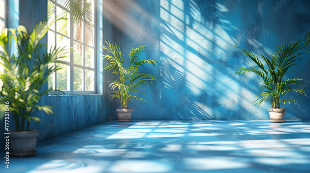 Poster abstract gradient blue studio background for product presentation. empty room with shadows of window