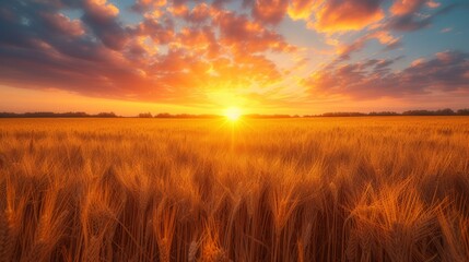   A sunset in a wheat field with the sun penetrating clouds, setting centrally - obrazy, fototapety, plakaty