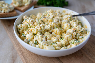 Low fat egg salad with cottage cheese, chives and olive oil without mayonnaise. Healthy protein rich  kitchen