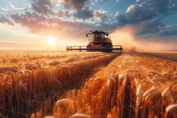 Fototapeta premium Combine harvester working in a wheat field at sunset
