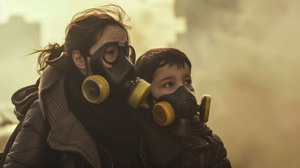 A mother and her children wear masks to protect themselves from air pollution. Generative Ai.