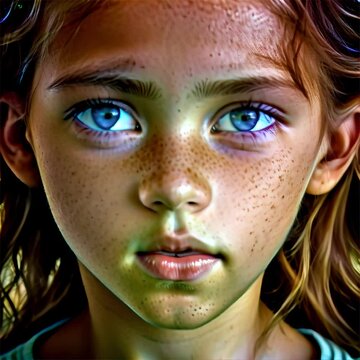 An intense portrait of a young girl with piercing blue eyes and freckles, her gaze captivating and full of depth