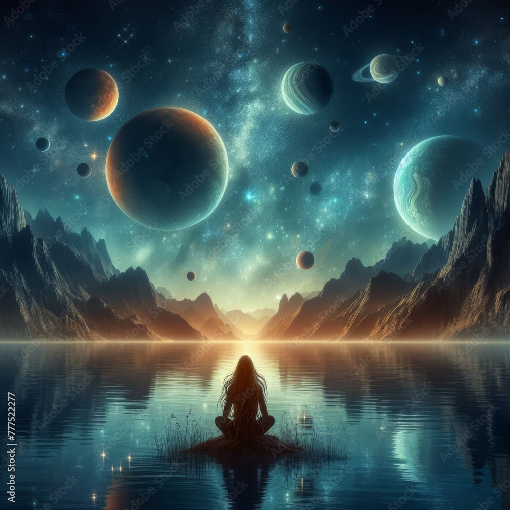Poster A lone figure sits in contemplation on a small island, surrounded by a cosmic panorama of planets and nebulae mirrored in still waters.. AI Generation