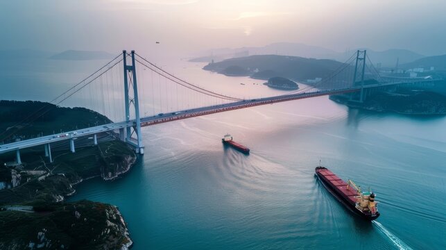 Aerial view of a large ship passing under a majestic suspension bridge at dusk