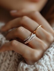 Close-up image of woman's hand wearing delicate elegant rose gold and silver rings with simple designs, soft lighting, Generative AI