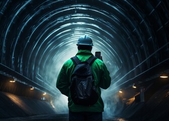 A person in a green jacket standing in a dark tunnel underground city with glowing light at the end...
