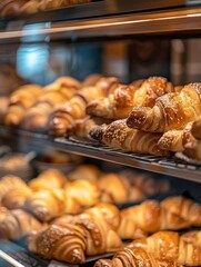 Closeup and Vertical image of fresh croissants in the display case at a bakery, Generative AI