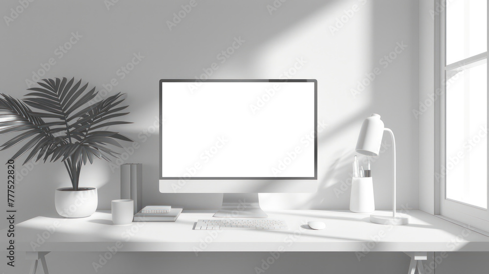 Poster front view with office desk decorated with minimal style in monotone, mockup, and copy space, genera