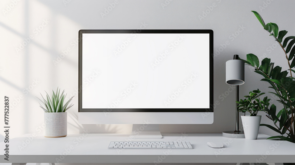 Poster the realistic shot of a white desk with a computer, mouse, and keyboard, featuring a blank screen fo
