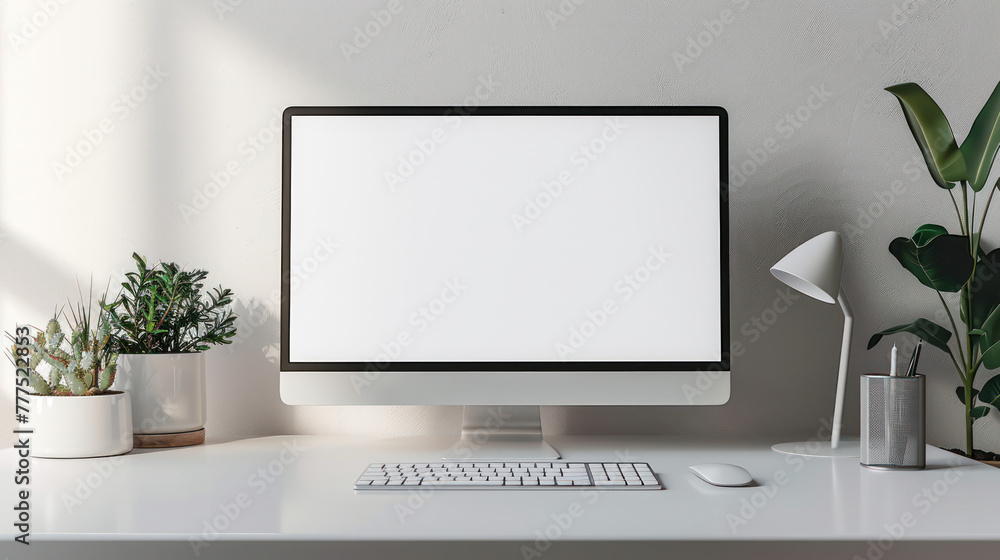 Fototapete front view with computer on office desk decorated with minimal style, mockup and copy space, generat