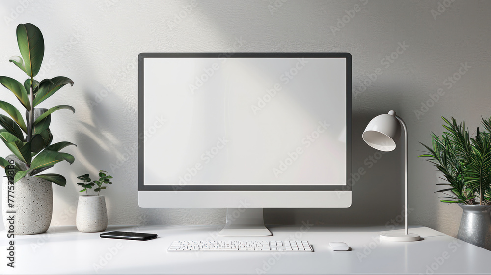 Poster modern computer with white screen on white desk, minimal atmosphere suitable for working from home, 