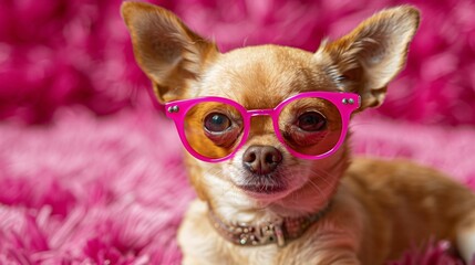 Chihuahua in flashy sunglasses sass on a hot pink stage