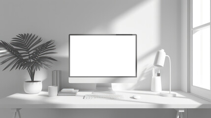 Front view with office desk decorated with minimal style in monotone, Mockup, and copy space, Generative AI