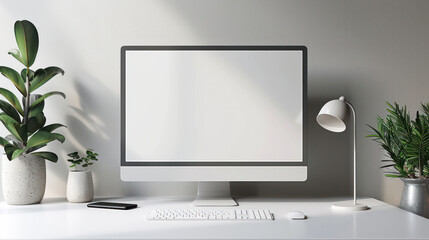 Modern computer with white screen on white desk, minimal atmosphere suitable for working from home, Generative AI