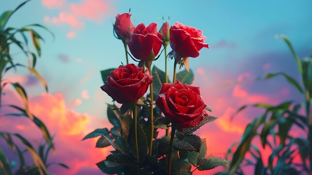 a visually stunning picture of a bunch of red roses isolated from the background, surrounded by a lively and colorful setting attractive look