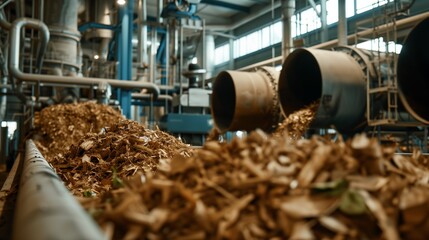 Close-up view of wood chips in a biomass power plant interior