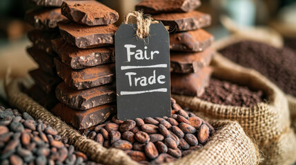 stacked chocolate bars with a "Fair Trade" label in the foreground. Coffee beans background.
Concept: fair trade of ethically produced products, supporting sustainable production.