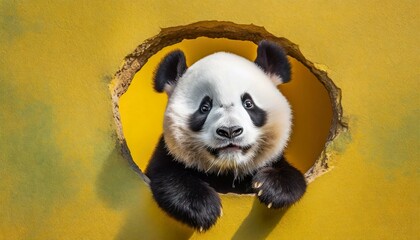 Panda peeking out of a hole in yellow wall. 