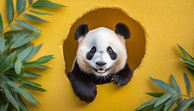 Panda peeking out of a hole in yellow wall.