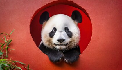 Panda peeking out of a hole in red wall 
