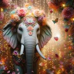 An ornately decorated elephant stands adorned with flowers and lights, creating a festive and mystical atmosphere. AI Generation