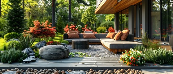 Creating a Stylish Outdoor Space with a Landscaped Retaining Wall and Pavers. Concept Landscaping, Outdoor Design, Retaining Walls, Pavers, Stylish Spaces - obrazy, fototapety, plakaty