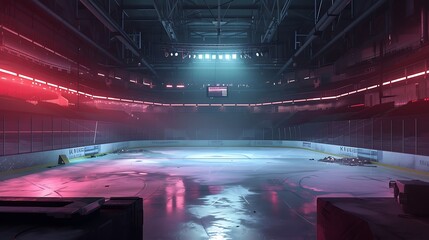 a visually stunning representation of an abandoned ice hockey arena with vibrant lighting...