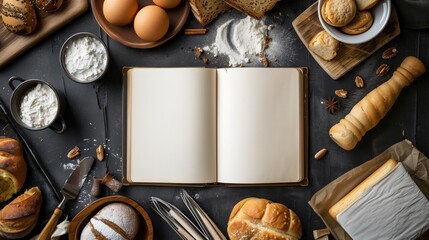Open blank recipe book amidst various baking ingredients and utensils