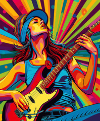 Vibrant Guitar Solo female Performance: Electric Energy, Colorful Abstract Art, Rock Musician Immersed in Rhythm