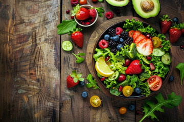 Vegetarian plate on a wooden table. Berries, fruits and vegetables. Clean healthy detox eating....