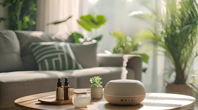 A modern aroma diffuser releasing steam on a coffee table with essential oils and plants in a bright, cozy living room
