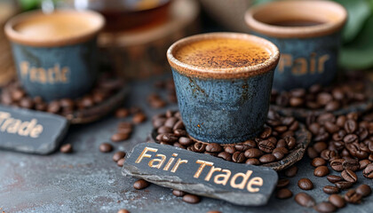 mugs with coffee and fresh coffee beans, on a warm background with burlap fabric. "Fair Trade" signs.
Concept: cafes and coffee shops, organic and certified drink.