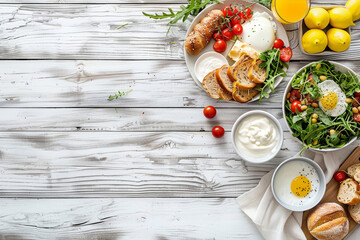 Fototapeta na wymiar Light healthy dinner, fried eggs with salad. White wooden table, closeup photo, top view. 