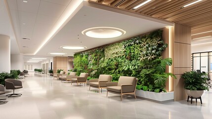 Spacious indoor lobby with vertical garden and modern furniture - obrazy, fototapety, plakaty