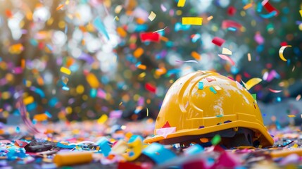 Yellow hard hat surrounded by vibrant confetti, depicting celebration - Powered by Adobe