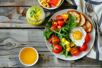 Light and healthy dinner on a white wooden table. Salad with eggs and toasts, orange juice. Closeup...