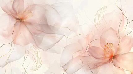 This abstract art background modern features golden line art flowers and botanical leaves, organic shapes, and watercolor. This would make a nice banner, poster, web design, or packaging background.