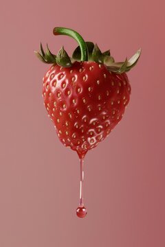 Close-up of a Ripe Strawberry With a Single Juice Droplet Falling Against a Pink Background