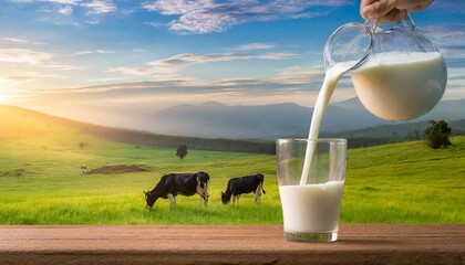 Pouring fresh milk from pitcher into the glass with grass field and cows background