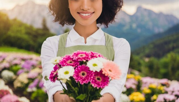 Cropped photo of charming happy young woman smile give you receive flowers 