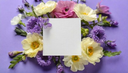 Composition with blank card and delicate flowers on purple background