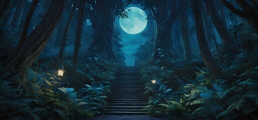 Night landscape in a mysterious forest with a staircase visible