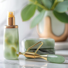 Elegant jade roller beside a collection of natural skincare products, concept of luxury and natural...