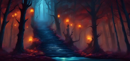 A night scene of a fabulous forest with a staircase illuminated by lanterns
