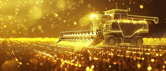 digital smart yellow combine harvester, AI integration in agricultural machinery, optimizing harvesting precision. leveraging data analytics, yield estimation, increased productivity. - obrazy, fototapety, plakaty