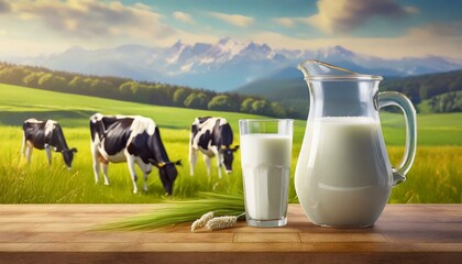 Glass and pitcher of fresh milk on wooden table with grass field and cows background. 