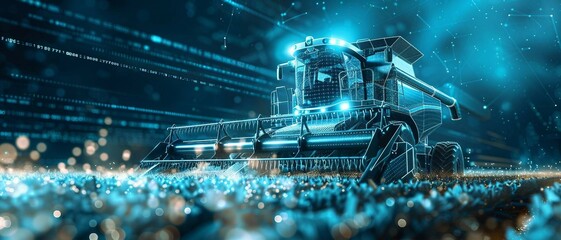 digital smart blue combine harvester, AI integration in agricultural machinery, optimizing harvesting precision. leveraging data analytics, yield estimation, increased productivity.
