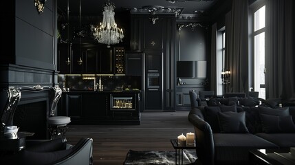 Elegant dark-themed kitchen and living area with modern appliances and furniture